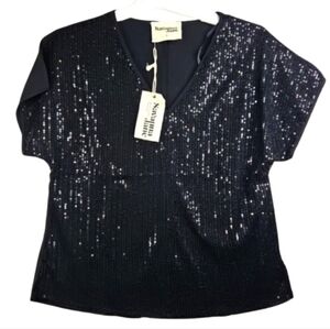 Savanna Jane Top Small Black Sequin Front Short Sleeve V Neck Shimmery Holiday
